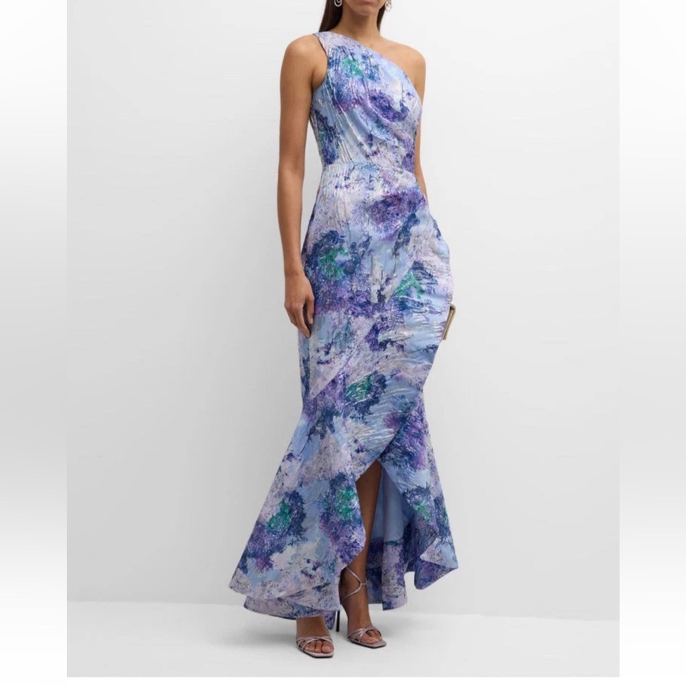 Rickie Freeman for Teri Jon Blue and Purple Metallic Jacquard One-Shoulder Gown